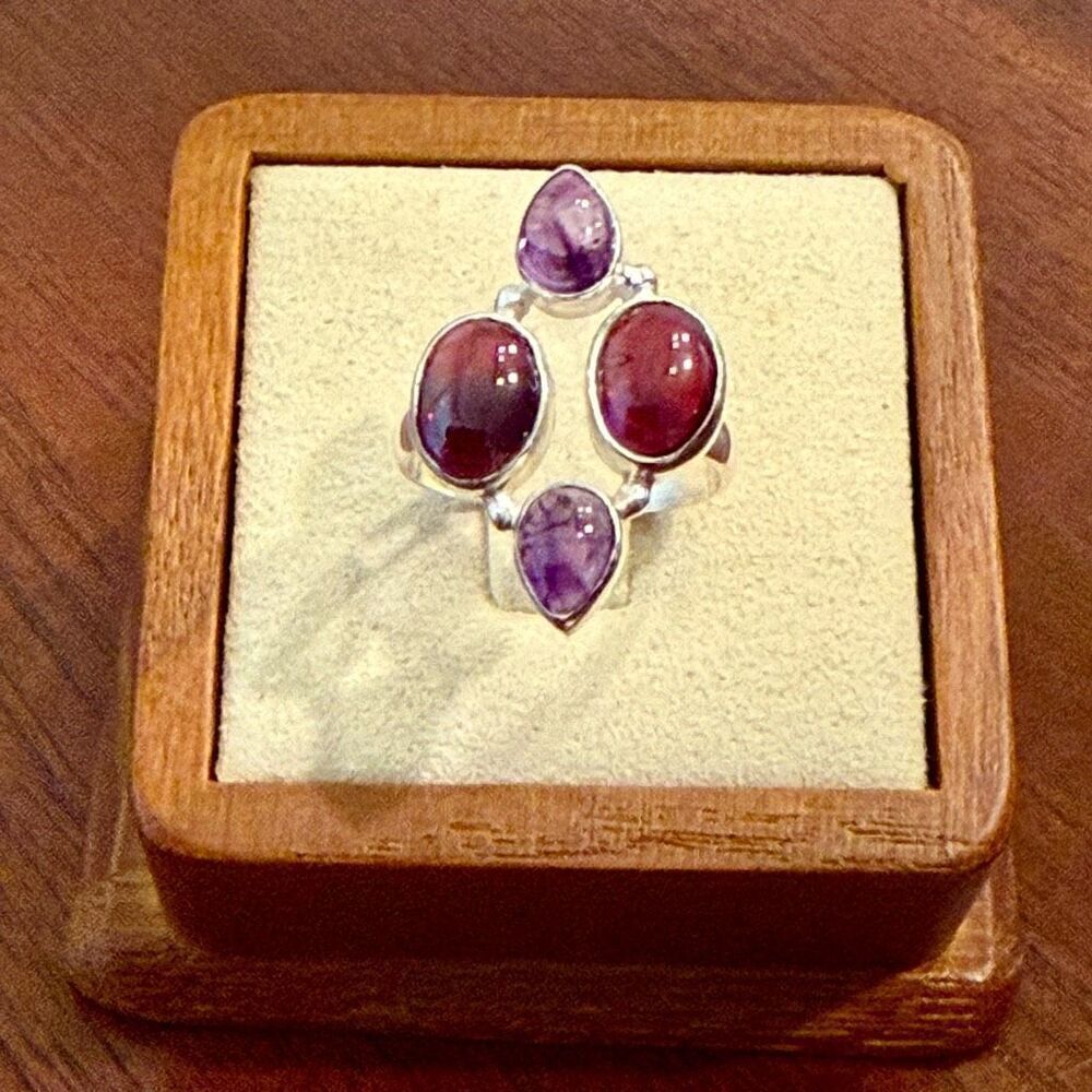 Unique Natural Amethyst Garnet Gemstone Ring Sterling Silver Size 7 New